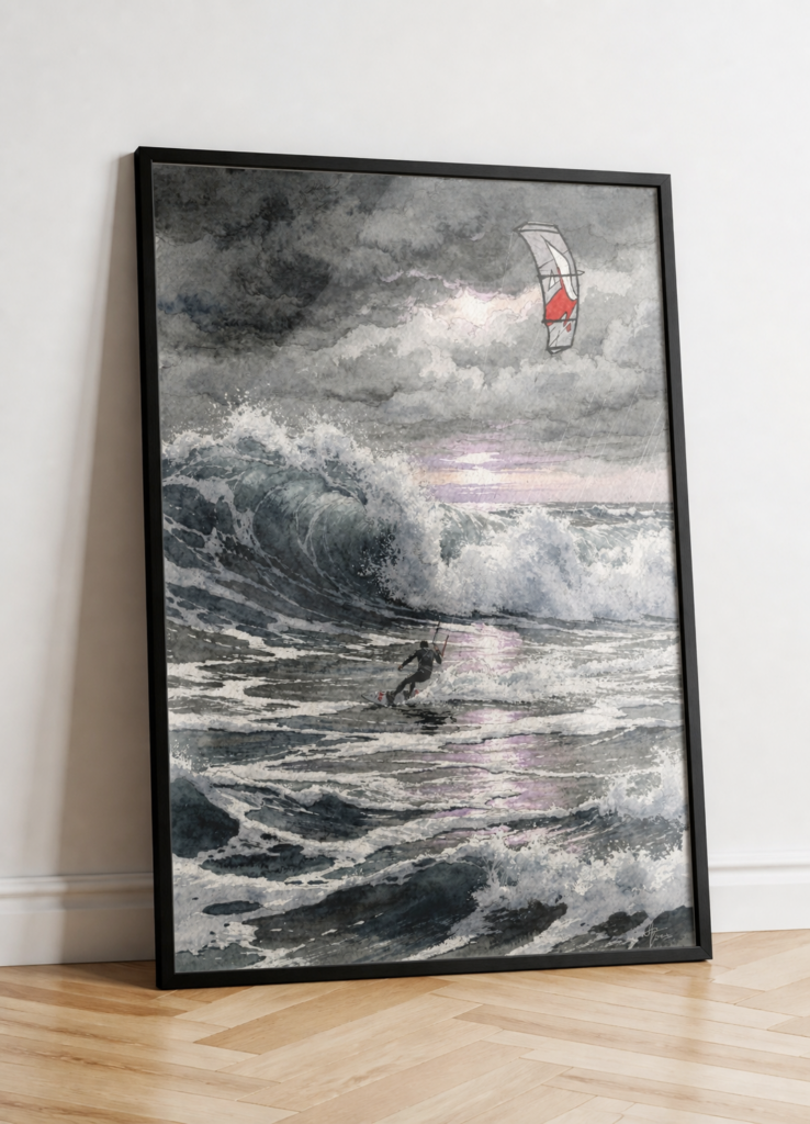 Stormy Sea Kitesurfing Watercolor Painting - Dramatic Ocean Wave Wall Art