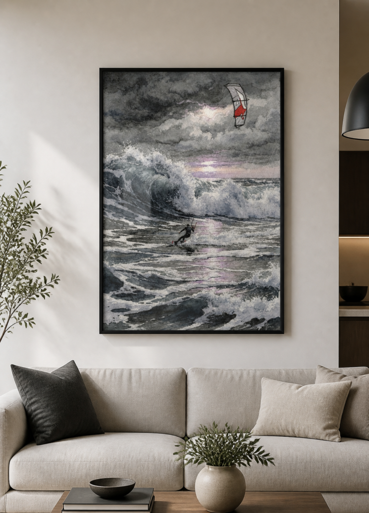Stormy Sea Kitesurfing Watercolor Painting - Dramatic Ocean Wave Wall Art