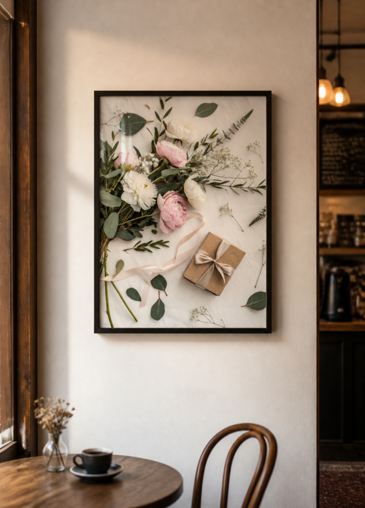 Pink Peonies and Eucalyptus Floral Flat Lay Wall Art Print