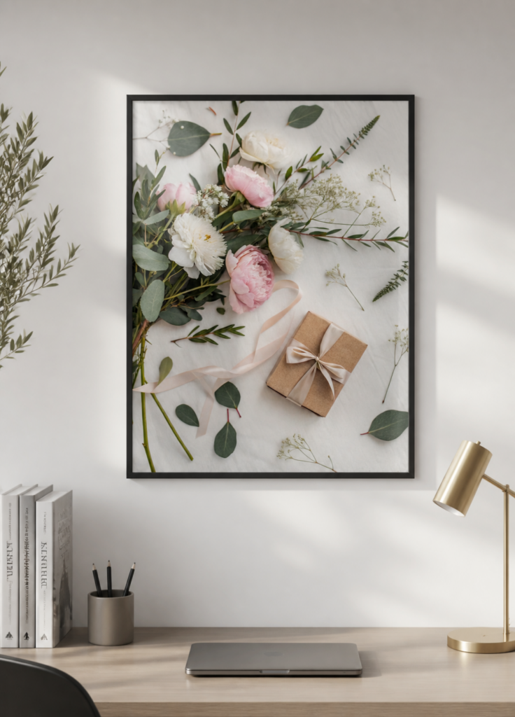 Pink Peonies and Eucalyptus Floral Flat Lay Wall Art Print