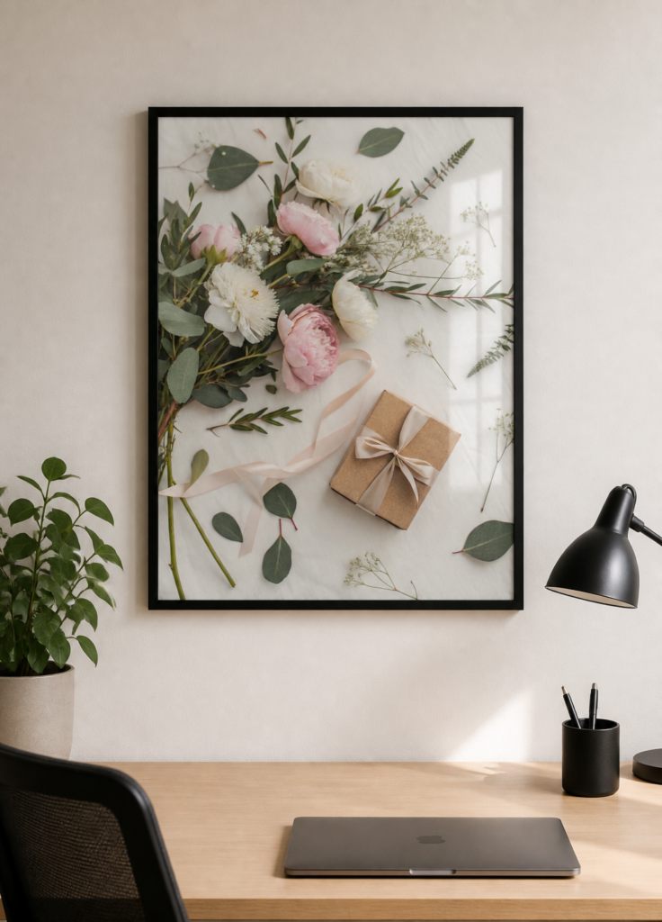 Pink Peonies and Eucalyptus Floral Flat Lay Wall Art Print