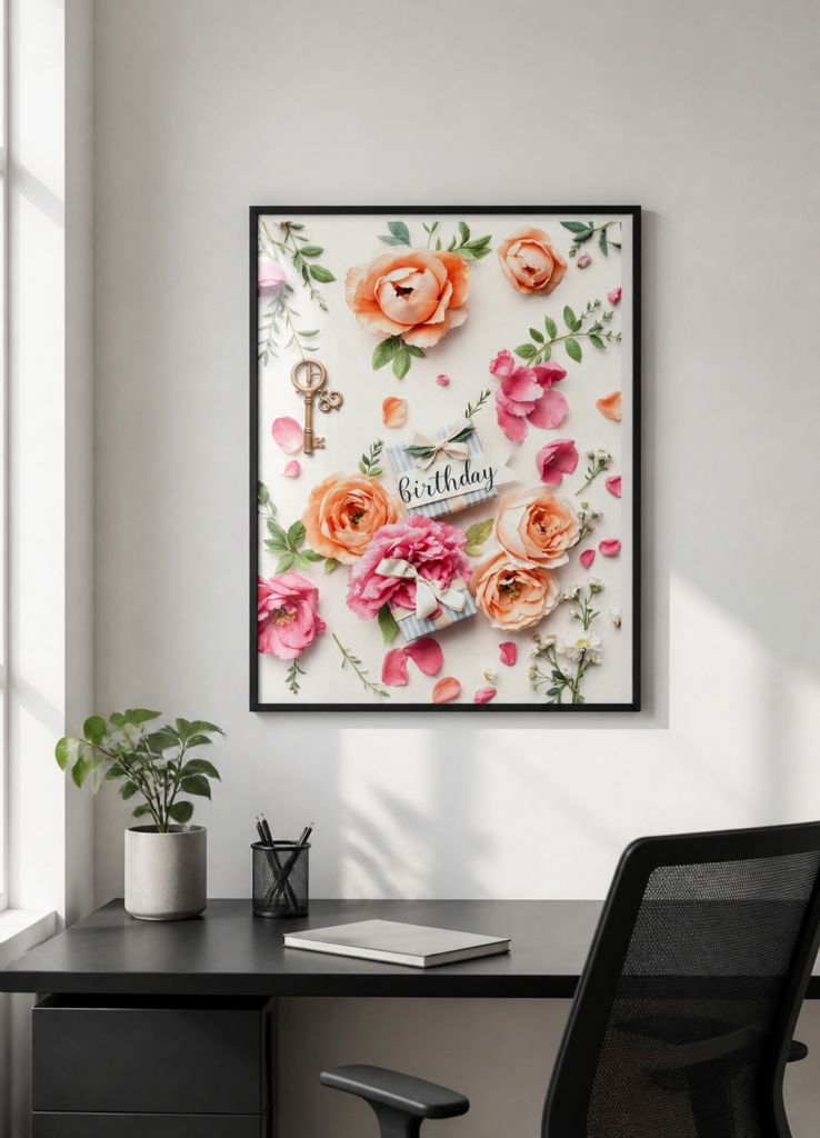 Floral Birthday Flat Lay Wall Art Print - Pink & Peach Roses Botanical Poster