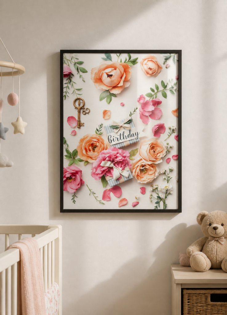 Floral Birthday Flat Lay Wall Art Print - Pink & Peach Roses Botanical Poster