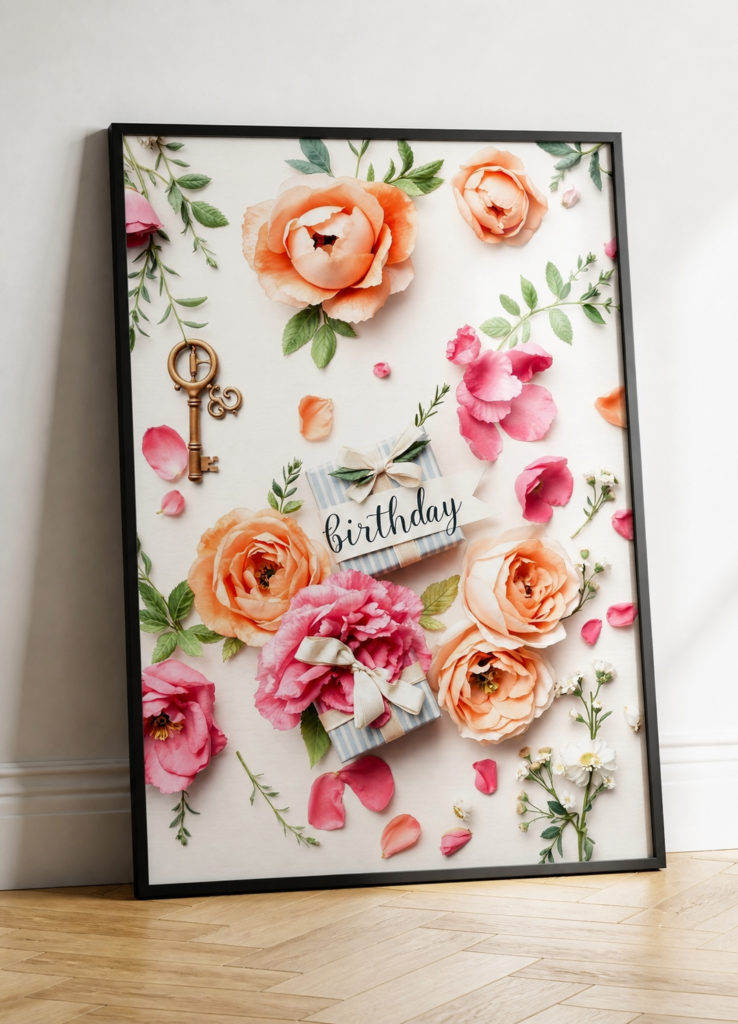 Floral Birthday Flat Lay Wall Art Print - Pink & Peach Roses Botanical Poster