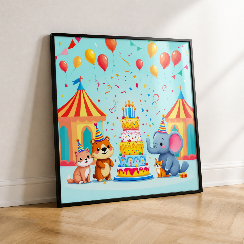 Cute Animal Birthday Party Cartoon Wall Art Poster for Kids Room