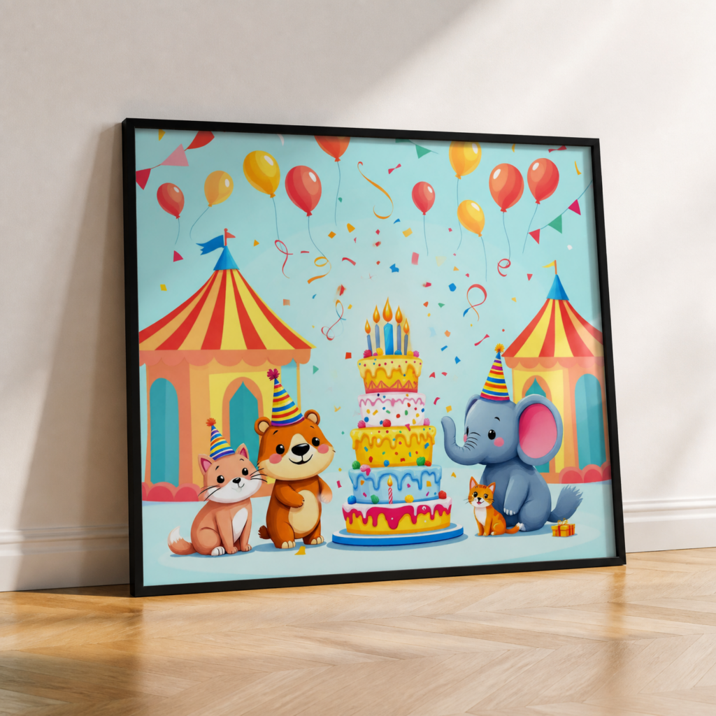 Cute Animal Birthday Party Cartoon Wall Art Poster for Kids Room