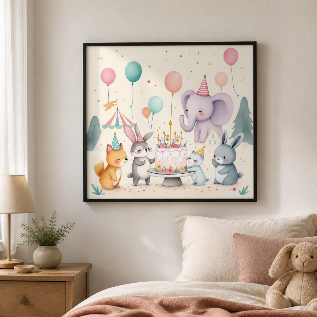 Animal Birthday Party Watercolor Nursery Wall Art Print