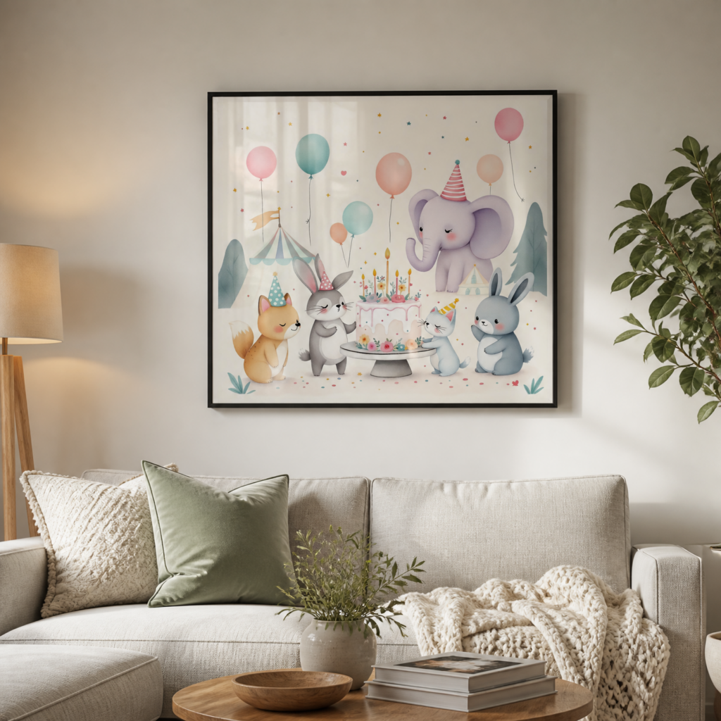 Animal Birthday Party Watercolor Nursery Wall Art Print