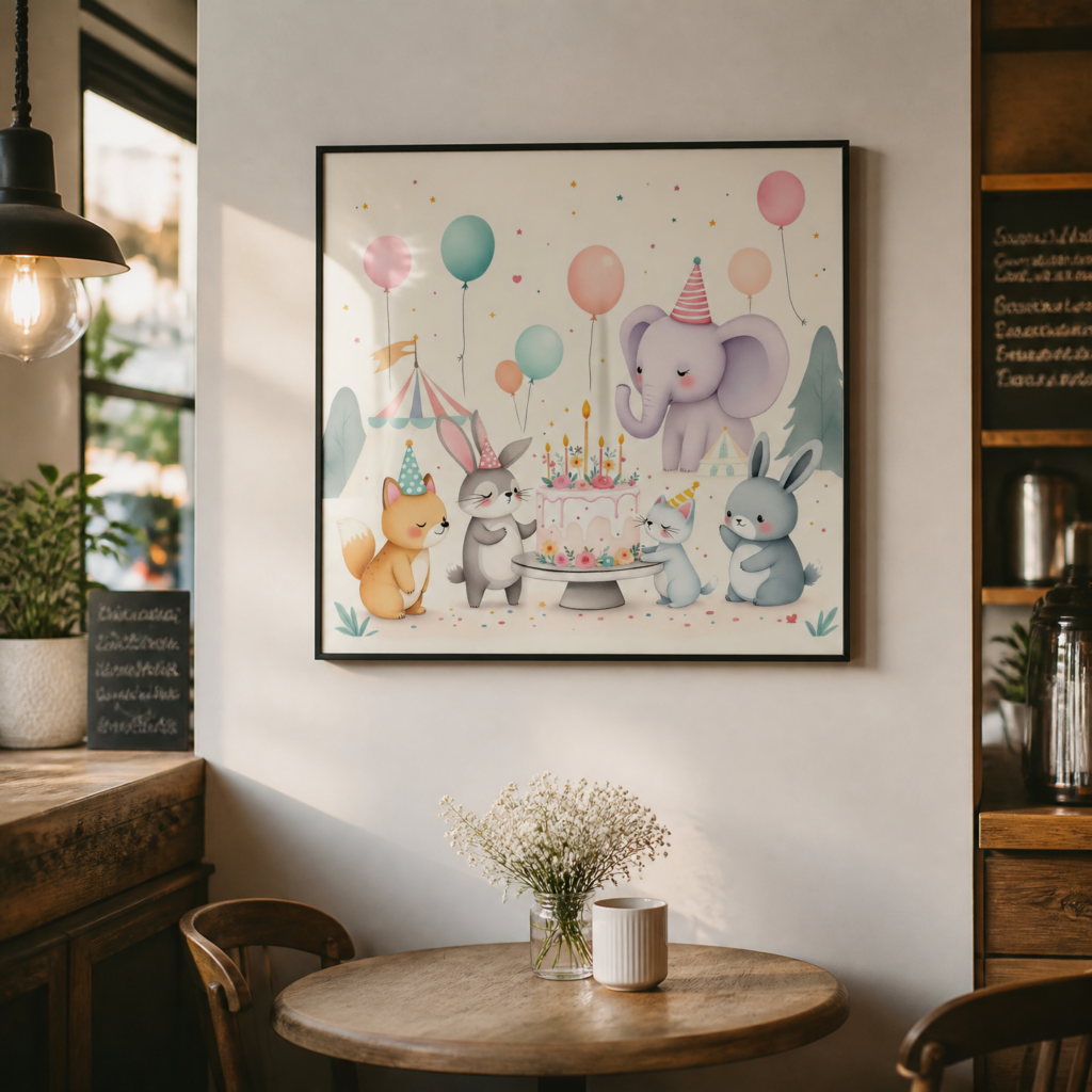 Animal Birthday Party Watercolor Nursery Wall Art Print