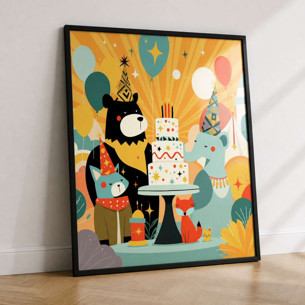Whimsical Animal Birthday Party Illustration Wall Art Print - Mid-Century Modern Kids Room Decor