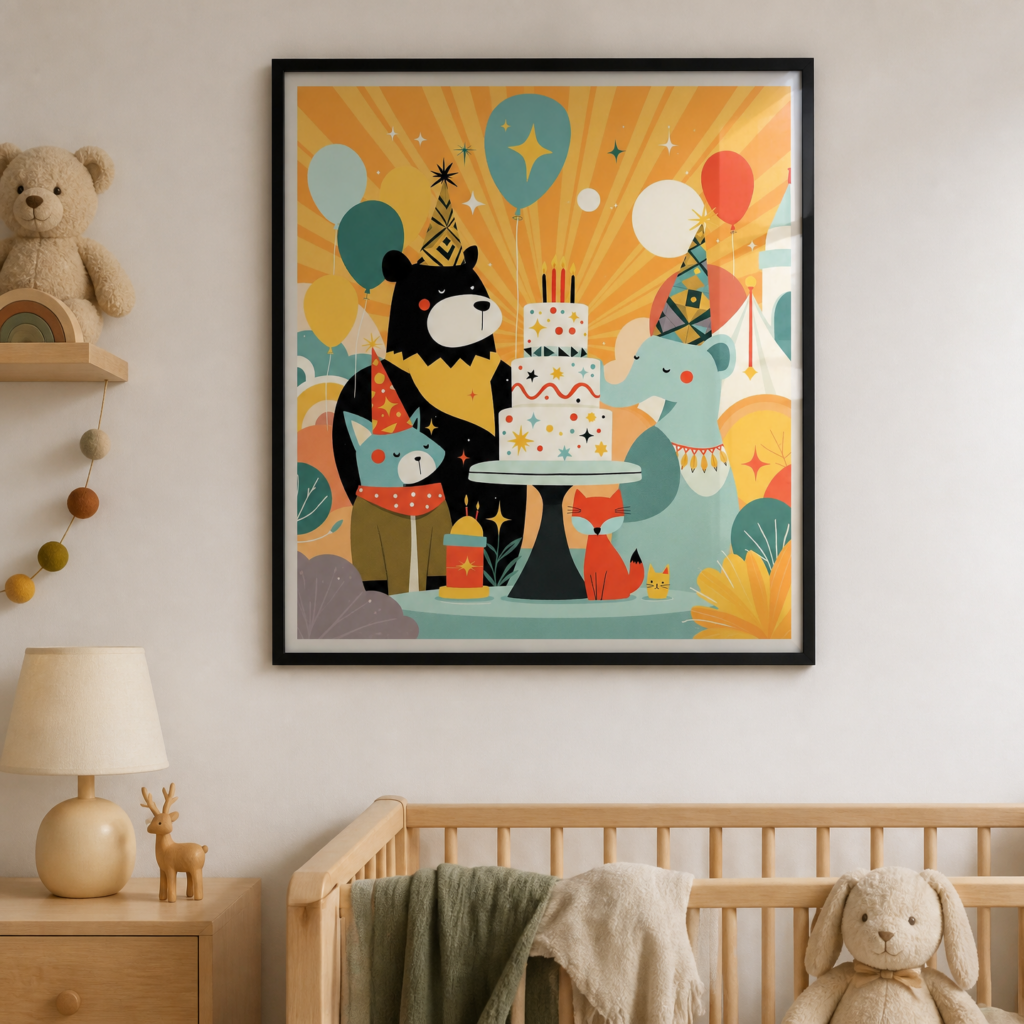 Whimsical Animal Birthday Party Illustration Wall Art Print - Mid-Century Modern Kids Room Decor