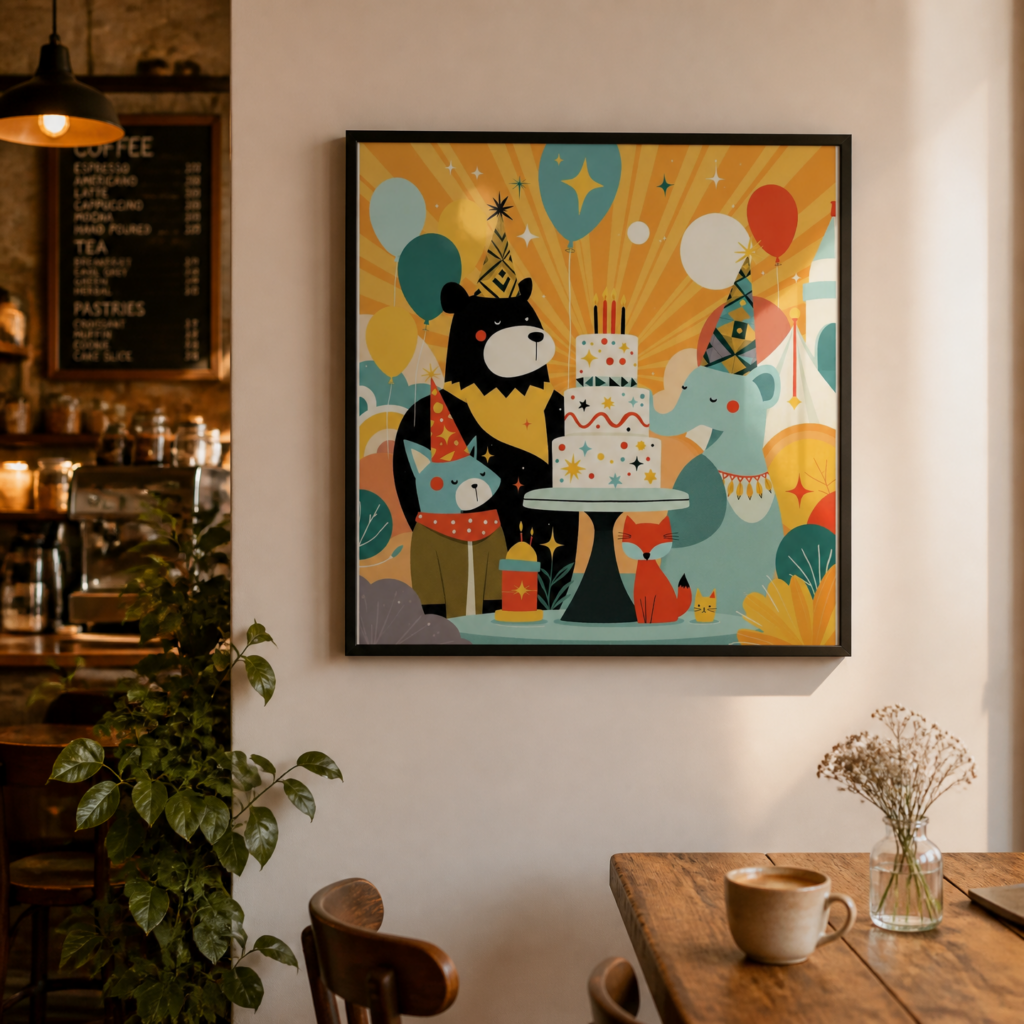 Whimsical Animal Birthday Party Illustration Wall Art Print - Mid-Century Modern Kids Room Decor