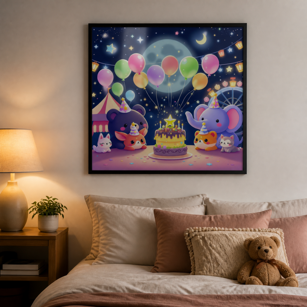 Cute Animal Birthday Party Night Carnival Wall Art Print - Kawaii Nursery Decor Poster