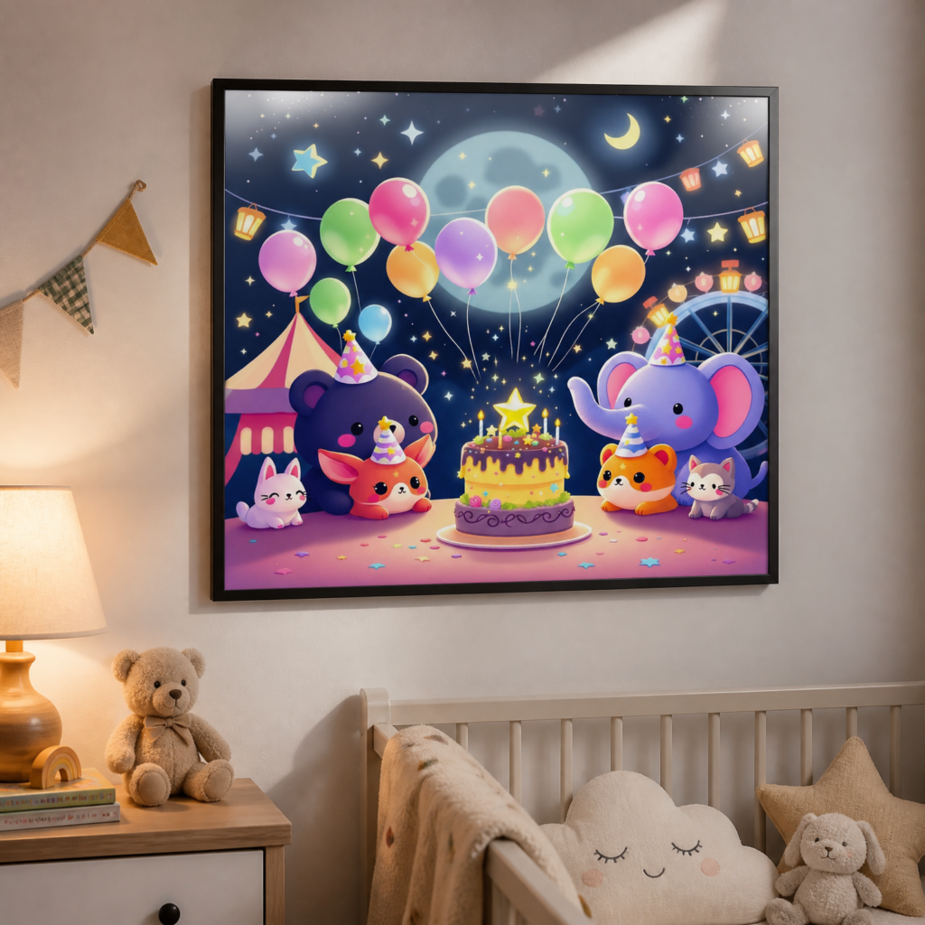 Cute Animal Birthday Party Night Carnival Wall Art Print - Kawaii Nursery Decor Poster
