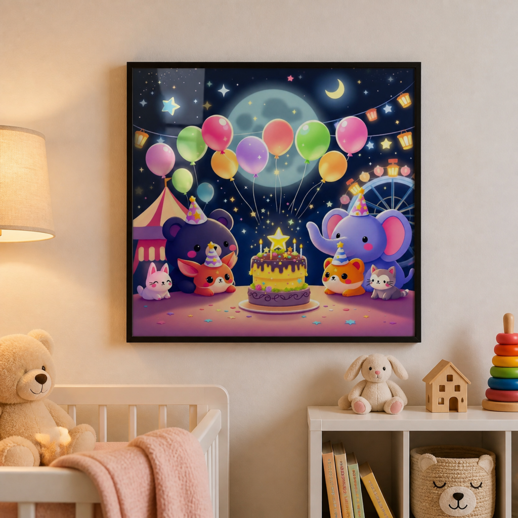 Cute Animal Birthday Party Night Carnival Wall Art Print - Kawaii Nursery Decor Poster