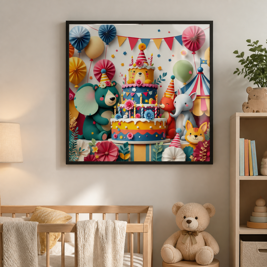 Cute Animal Birthday Party Wall Art Print - Colorful Kids Room Nursery Poster