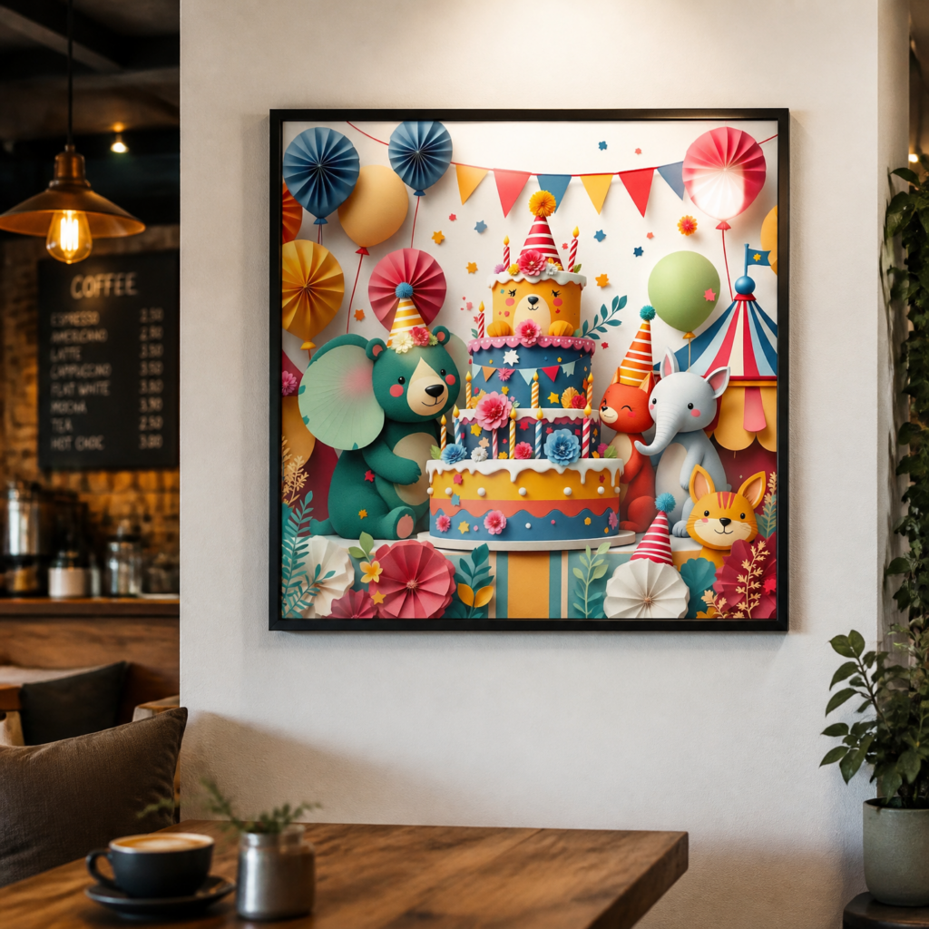 Cute Animal Birthday Party Wall Art Print - Colorful Kids Room Nursery Poster