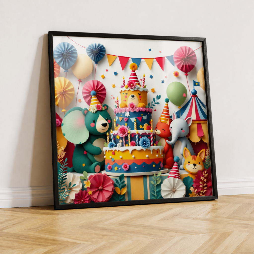 Cute Animal Birthday Party Wall Art Print - Colorful Kids Room Nursery Poster