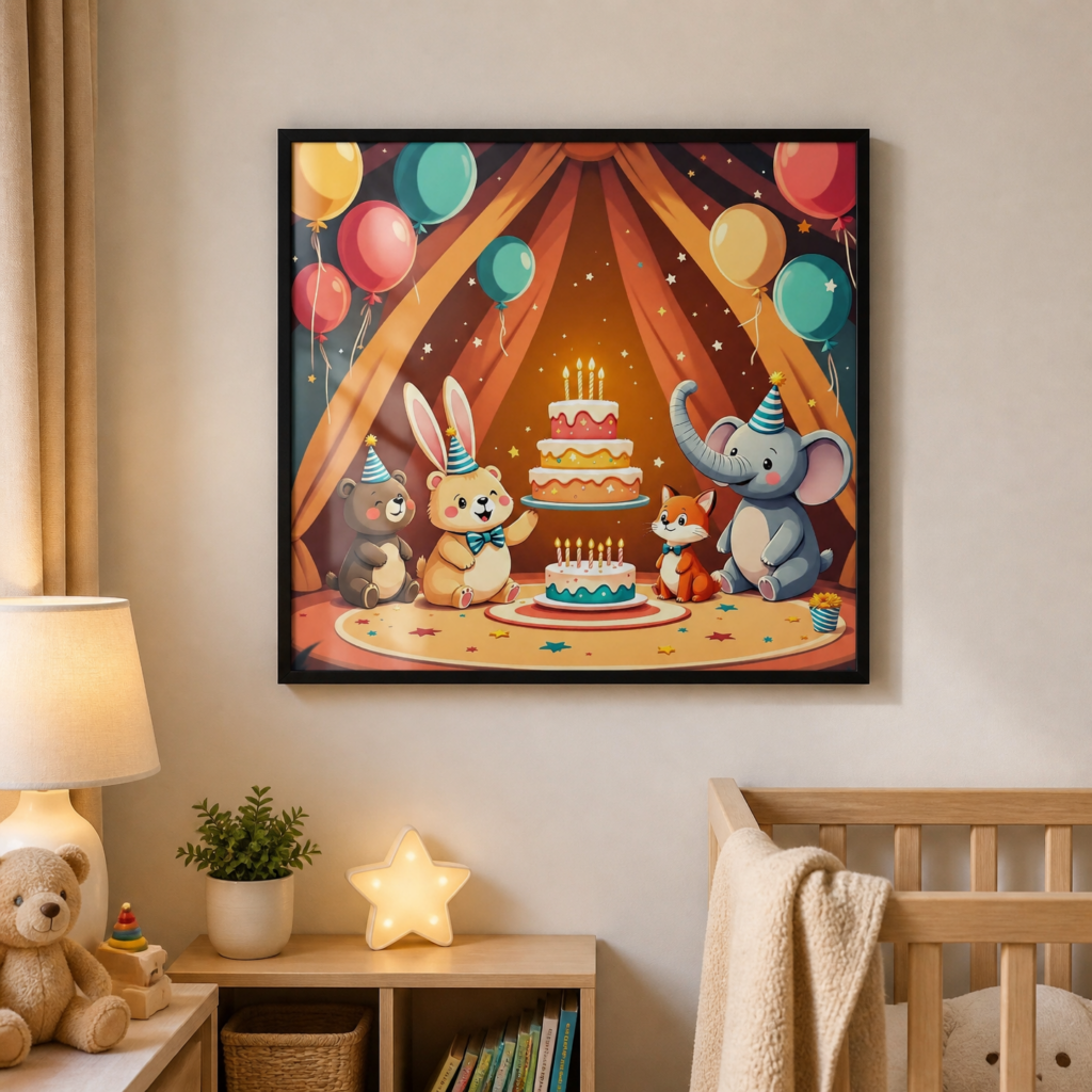 Cute Animal Birthday Party Circus Tent Wall Art Print - Kids Room Decor