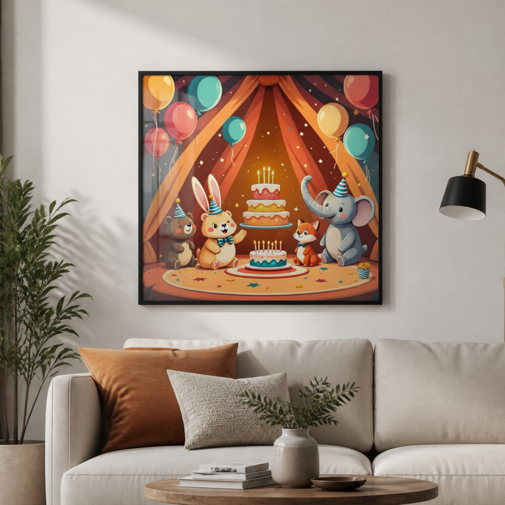 Cute Animal Birthday Party Circus Tent Wall Art Print - Kids Room Decor