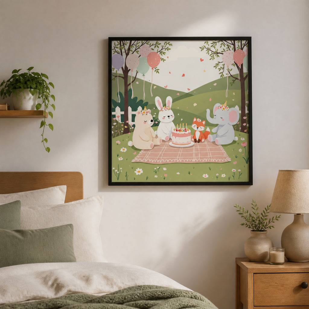 Cute Animal Birthday Party Nursery Wall Art Print - Woodland Friends Picnic Illustration