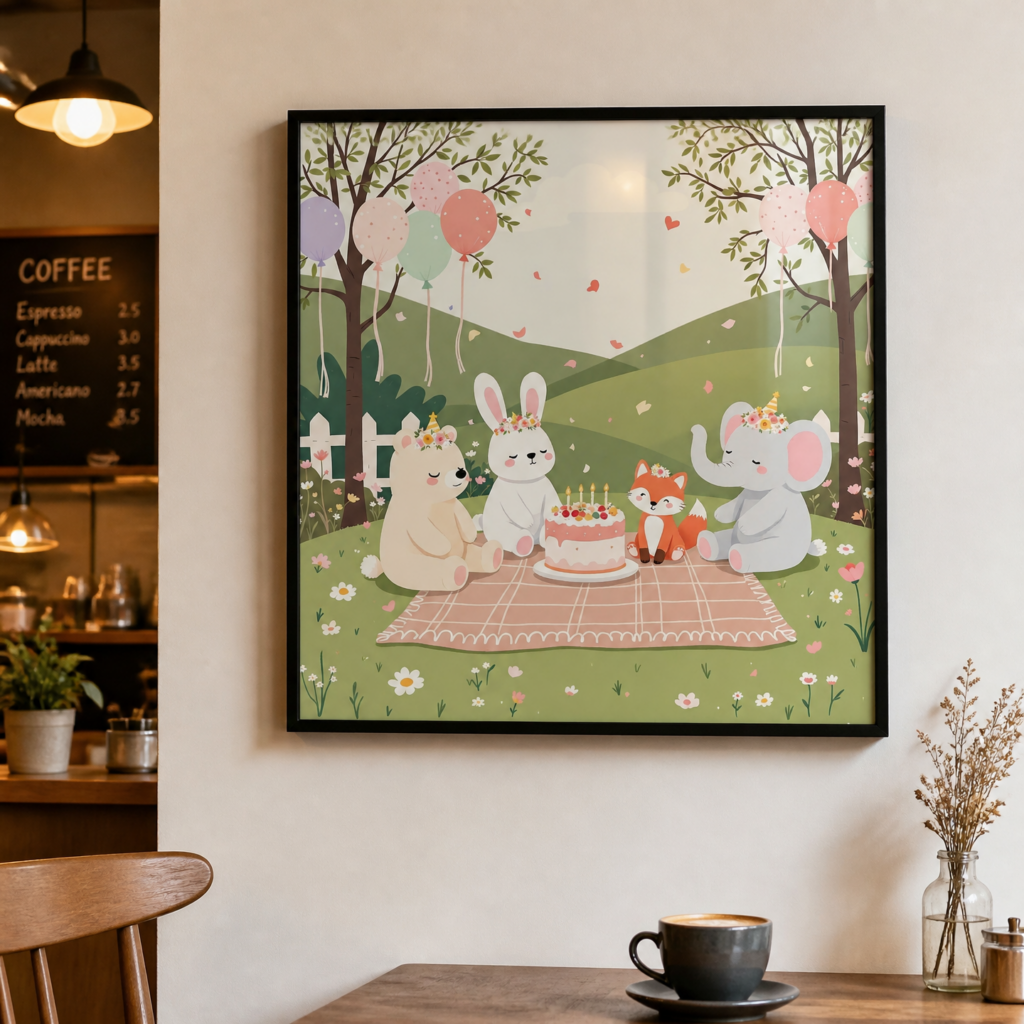 Cute Animal Birthday Party Nursery Wall Art Print - Woodland Friends Picnic Illustration