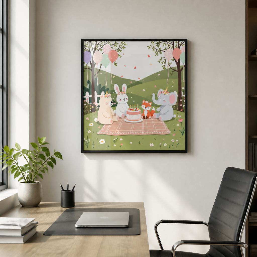 Cute Animal Birthday Party Nursery Wall Art Print - Woodland Friends Picnic Illustration
