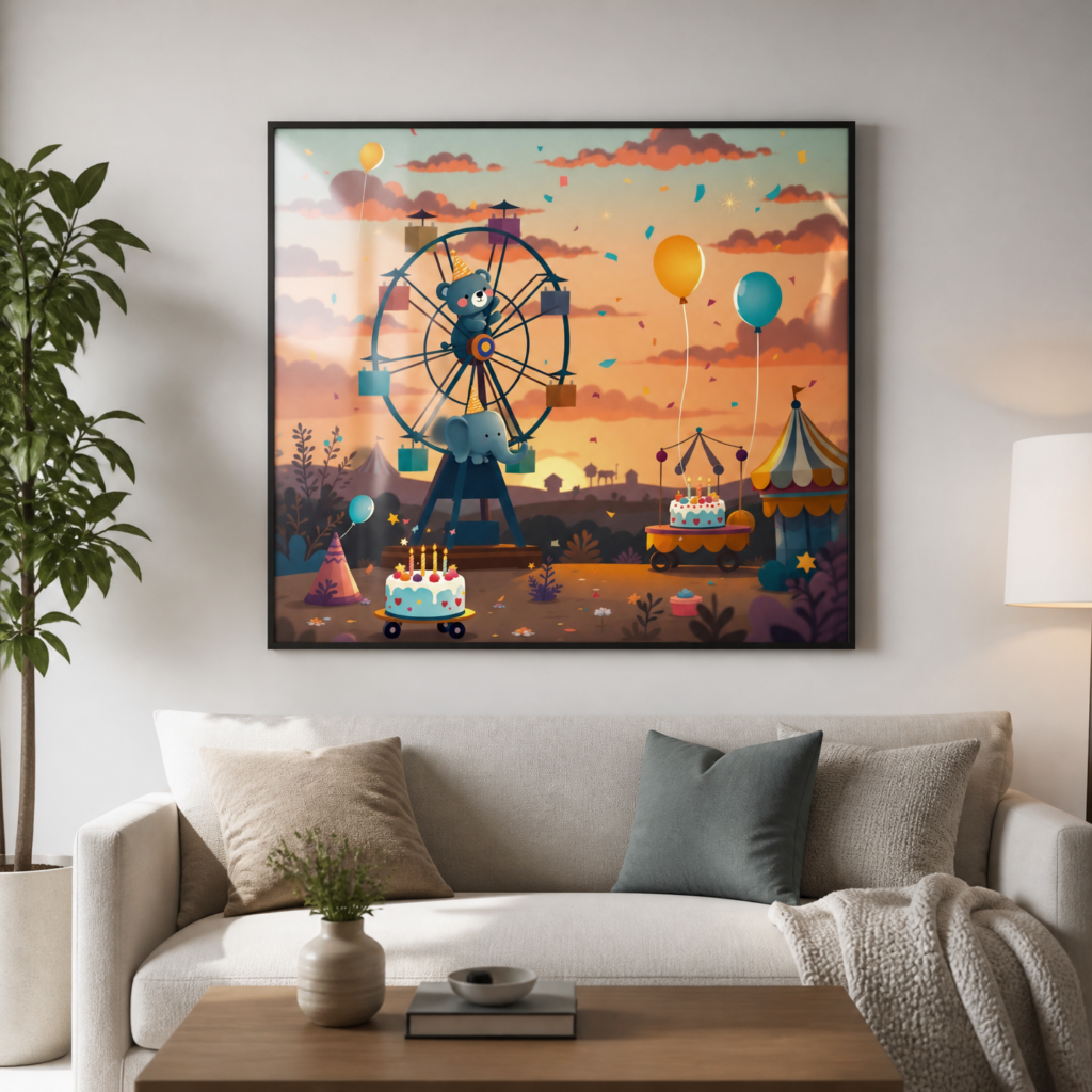 Carnival Birthday Party Kids Wall Art Print - Whimsical Nursery Poster with Ferris Wheel Bear and Elephant