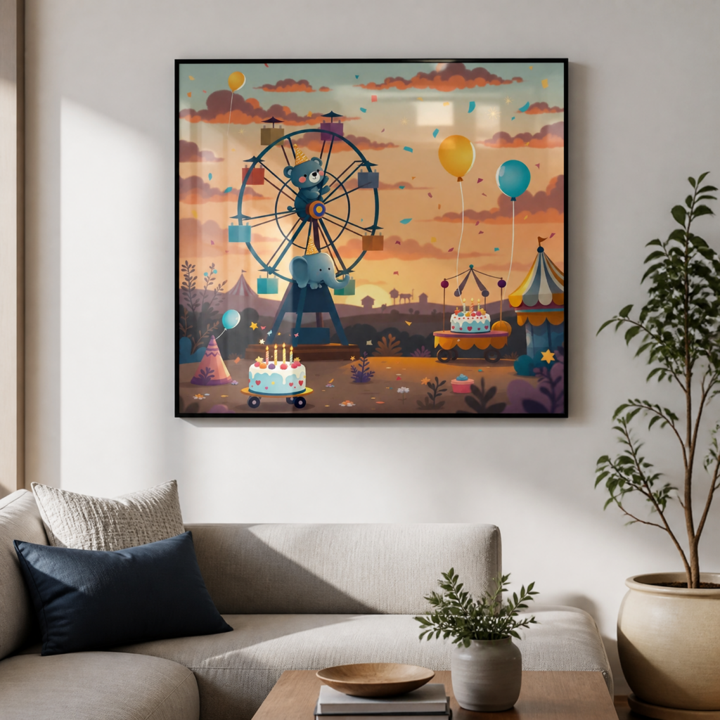 Carnival Birthday Party Kids Wall Art Print - Whimsical Nursery Poster with Ferris Wheel Bear and Elephant