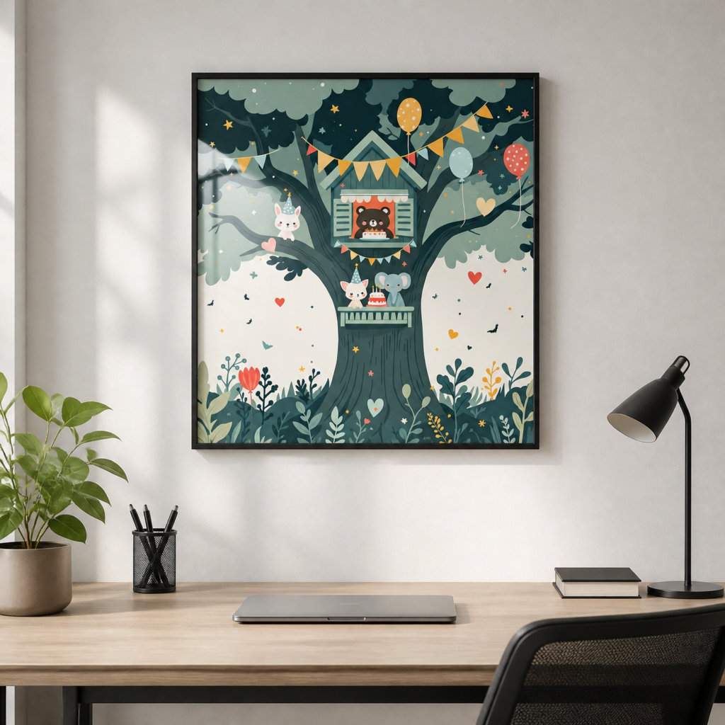 Treehouse Birthday Party Animals Nursery Wall Art Print - Whimsical Children's Illustration Poster