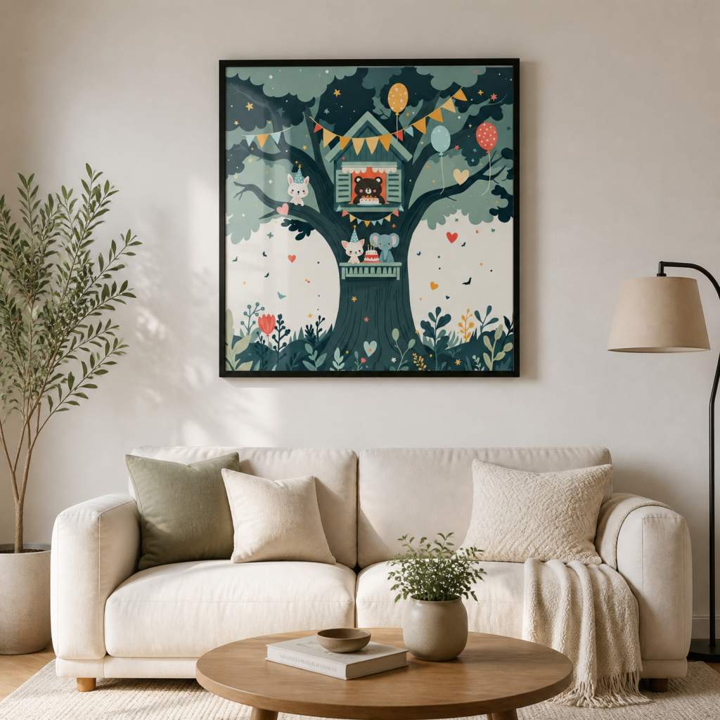Treehouse Birthday Party Animals Nursery Wall Art Print - Whimsical Children's Illustration Poster