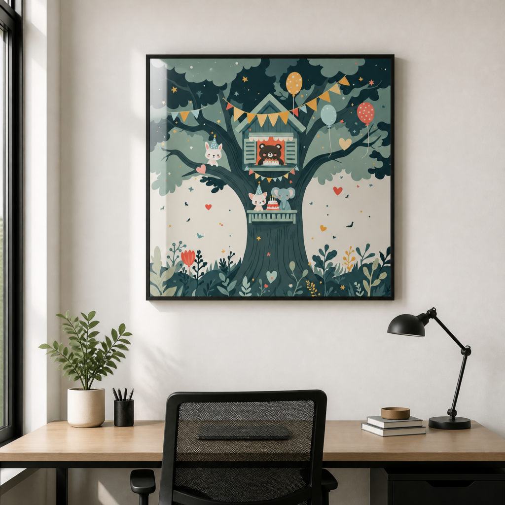 Treehouse Birthday Party Animals Nursery Wall Art Print - Whimsical Children's Illustration Poster