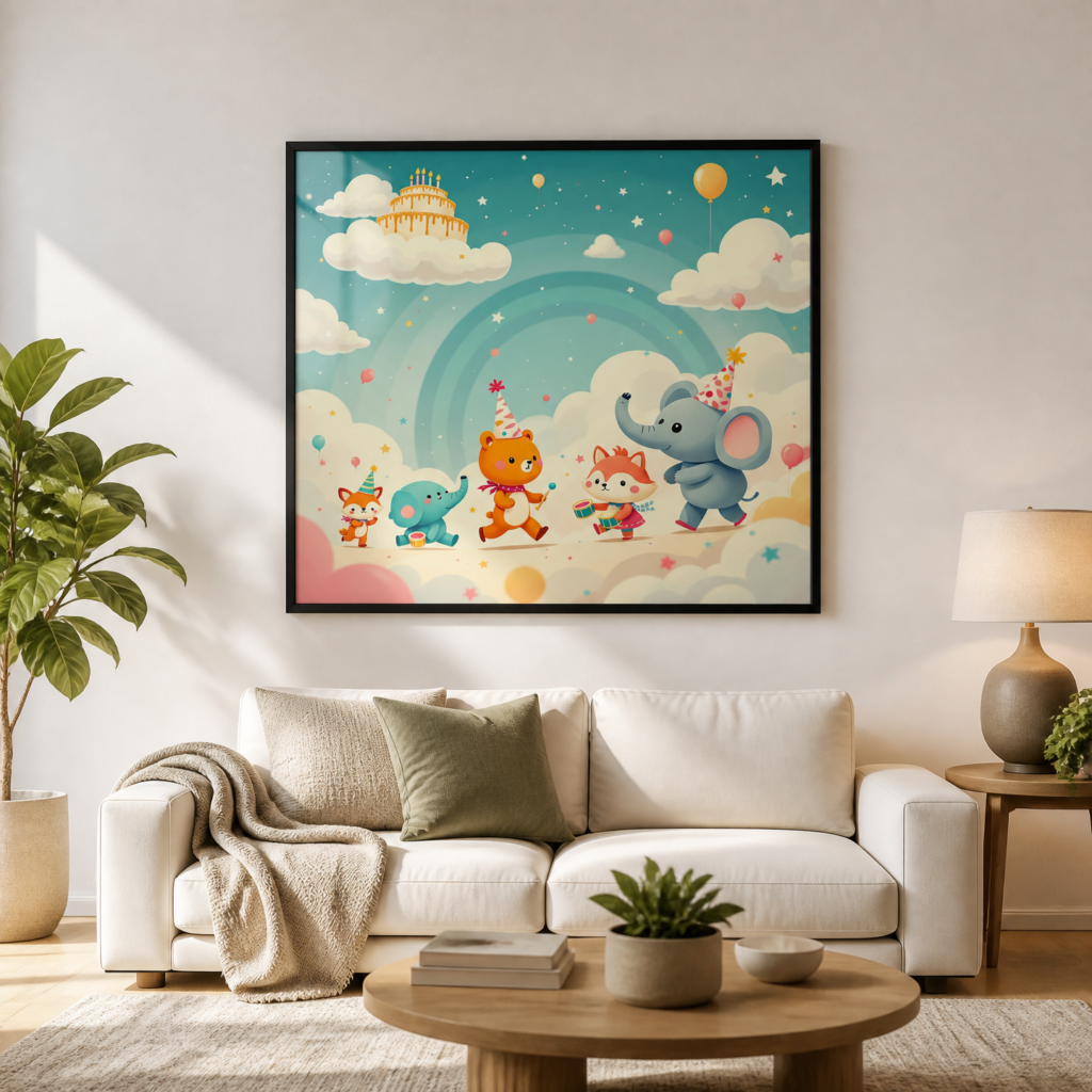 Cute Animal Birthday Party Nursery Wall Art Print - Whimsical Kids Room Decor