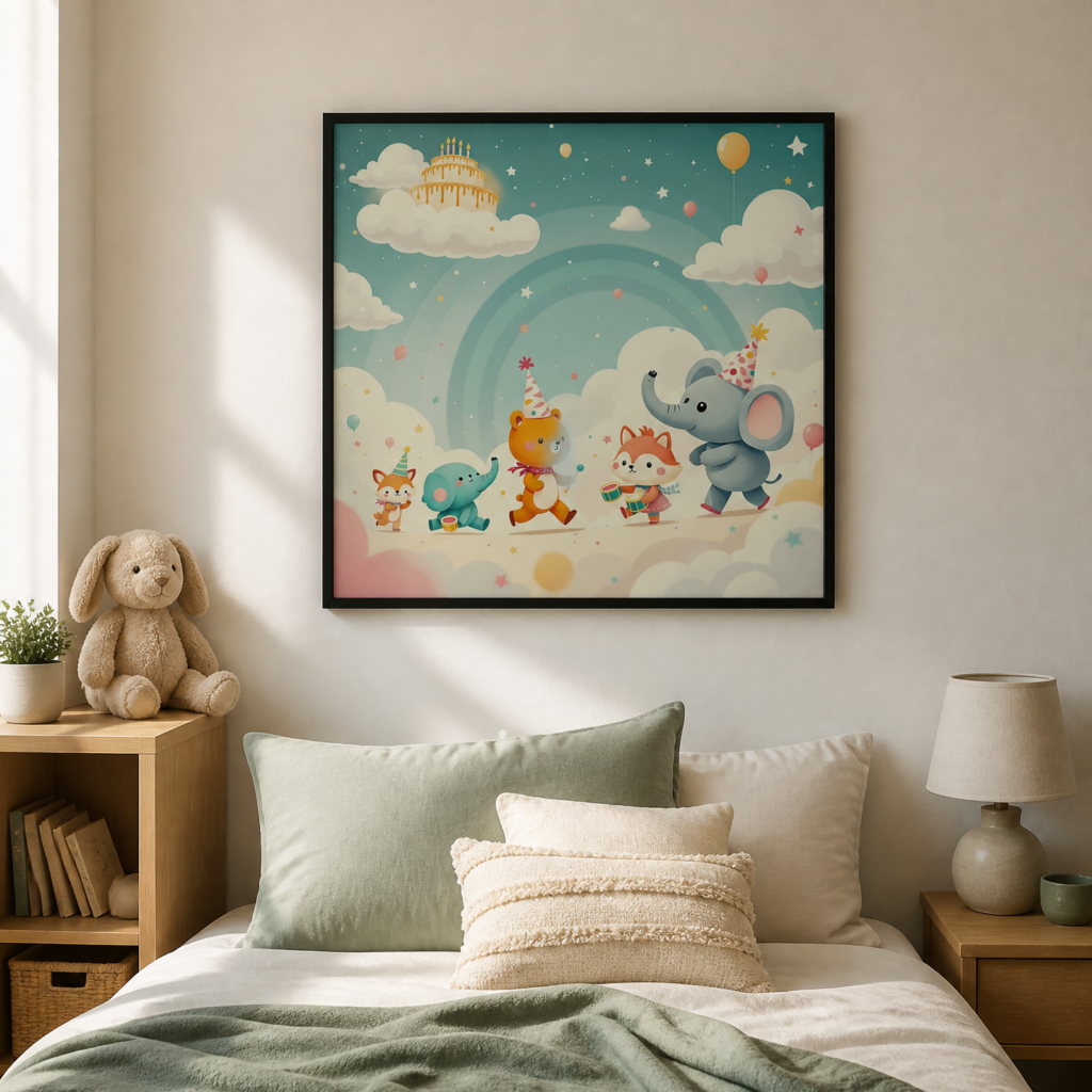 Cute Animal Birthday Party Nursery Wall Art Print - Whimsical Kids Room Decor