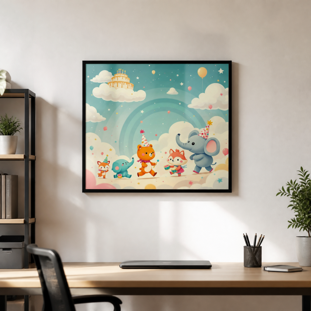 Cute Animal Birthday Party Nursery Wall Art Print - Whimsical Kids Room Decor