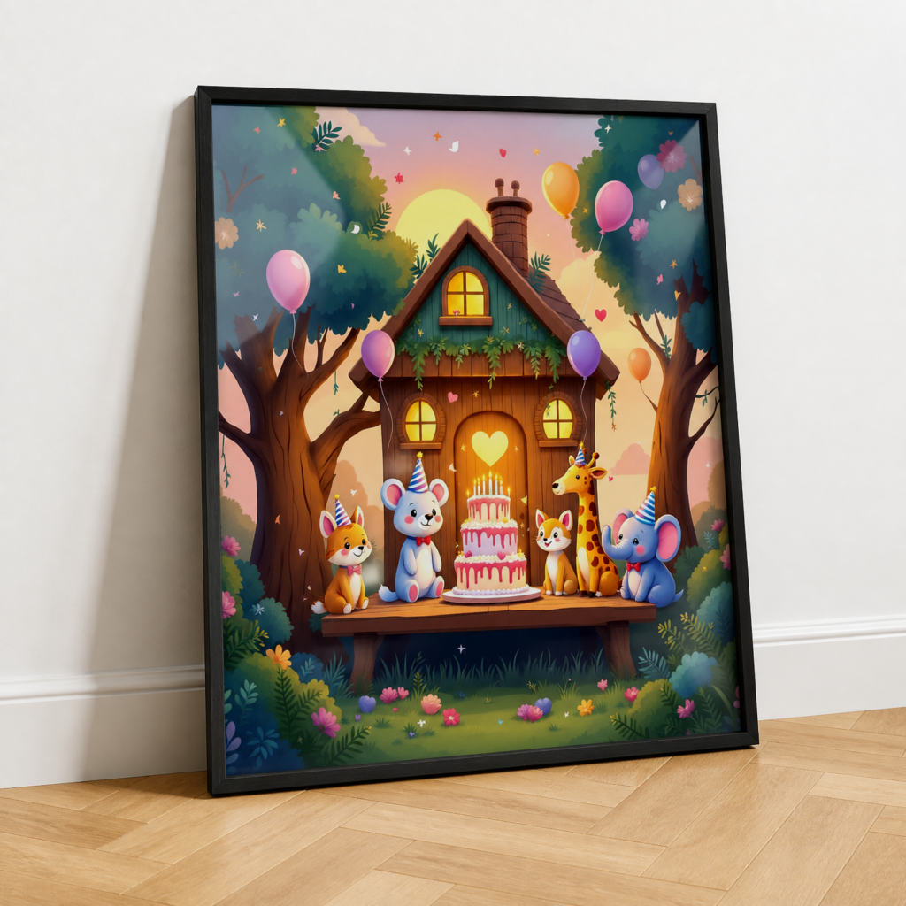 Cute Animals Birthday Party Treehouse Wall Art Print | Children's Nursery Poster