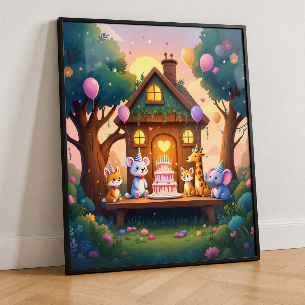 Cute Animals Birthday Party Treehouse Wall Art Print | Children's Nursery Poster