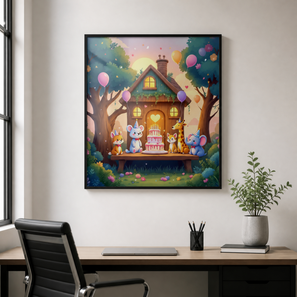 Cute Animals Birthday Party Treehouse Wall Art Print | Children's Nursery Poster