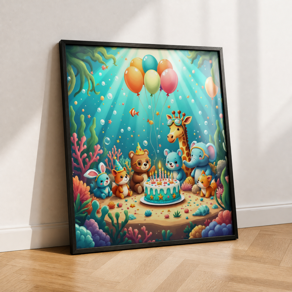 Underwater Birthday Party Animals Wall Art Print - Cute Nursery Decor for Kids Room