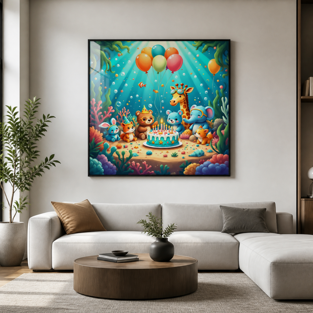 Underwater Birthday Party Animals Wall Art Print - Cute Nursery Decor for Kids Room