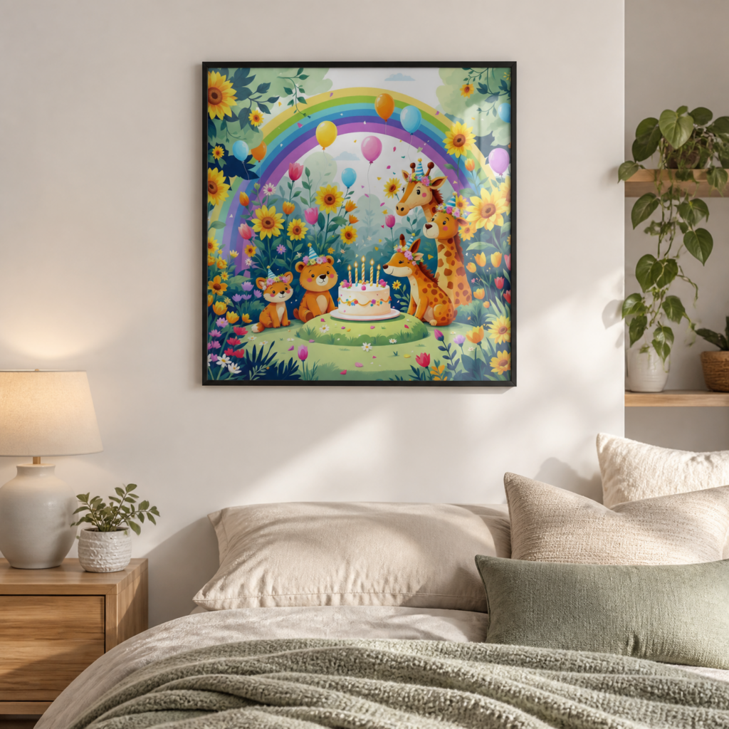 Cute Animal Birthday Party Wall Art Print - Colorful Kids Room Nursery Poster