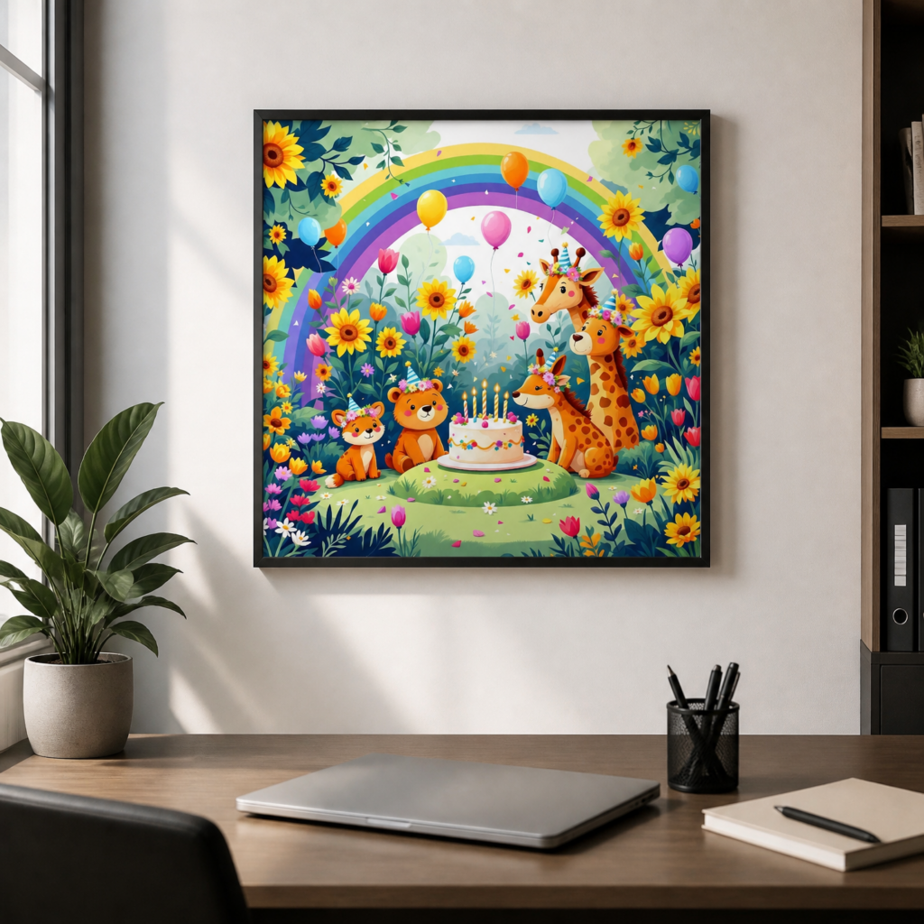 Cute Animal Birthday Party Wall Art Print - Colorful Kids Room Nursery Poster