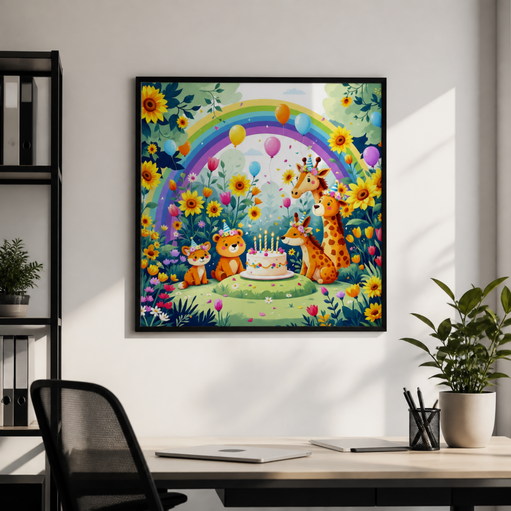 Cute Animal Birthday Party Wall Art Print - Colorful Kids Room Nursery Poster
