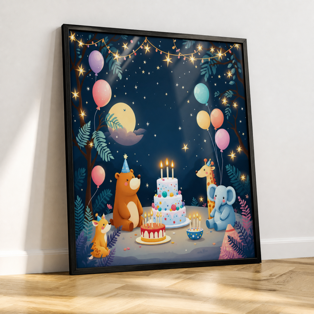 Cute Animals Birthday Party Night Sky Nursery Wall Art Print