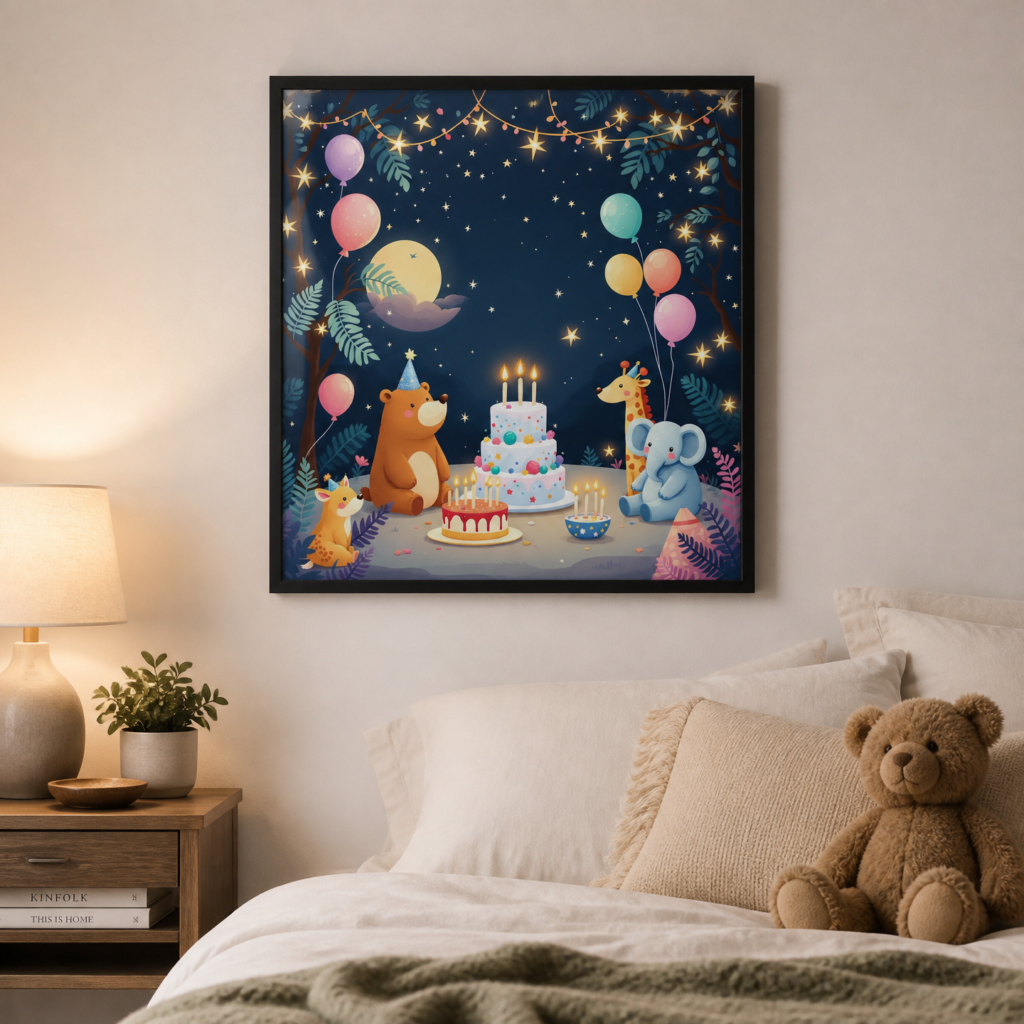 Cute Animals Birthday Party Night Sky Nursery Wall Art Print