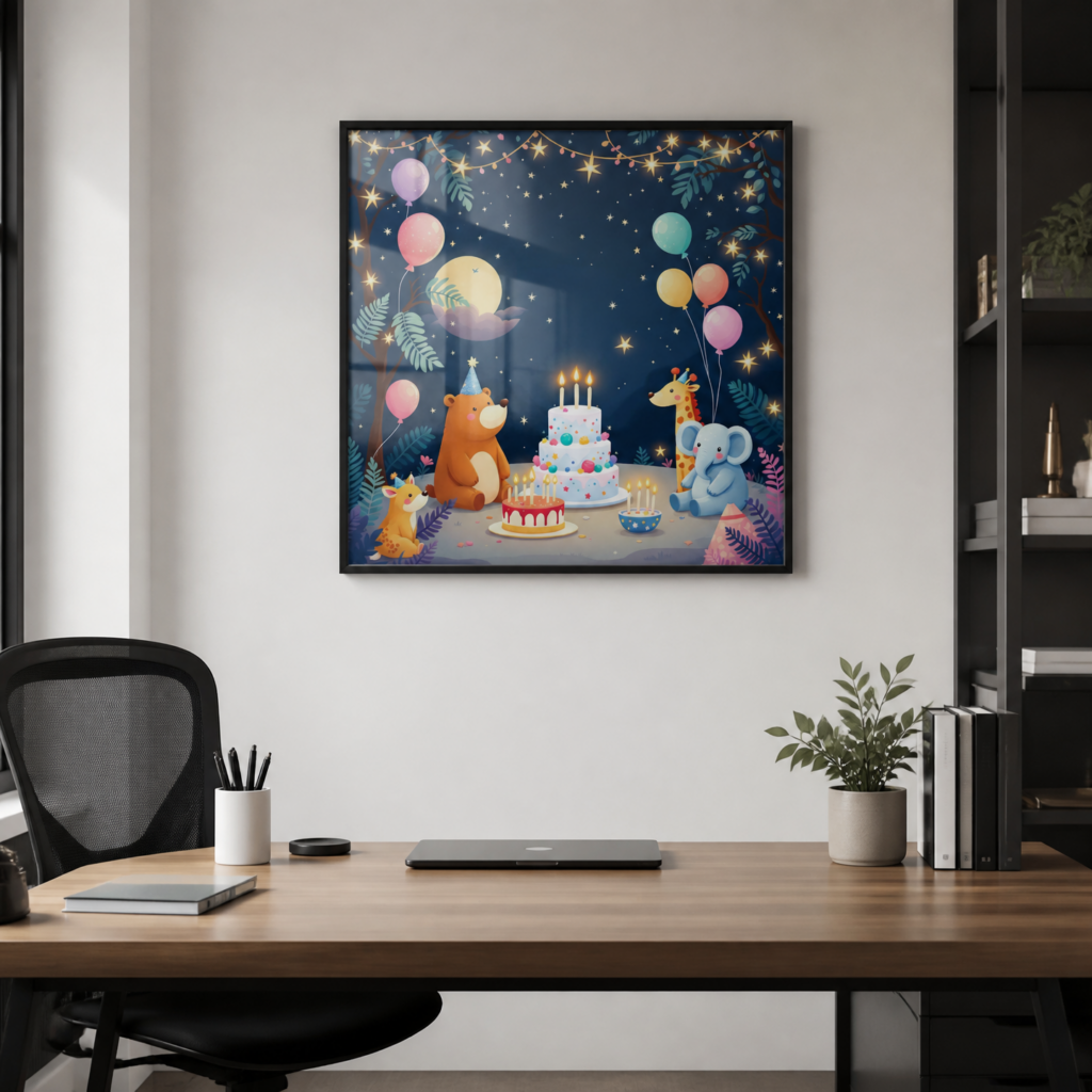 Cute Animals Birthday Party Night Sky Nursery Wall Art Print