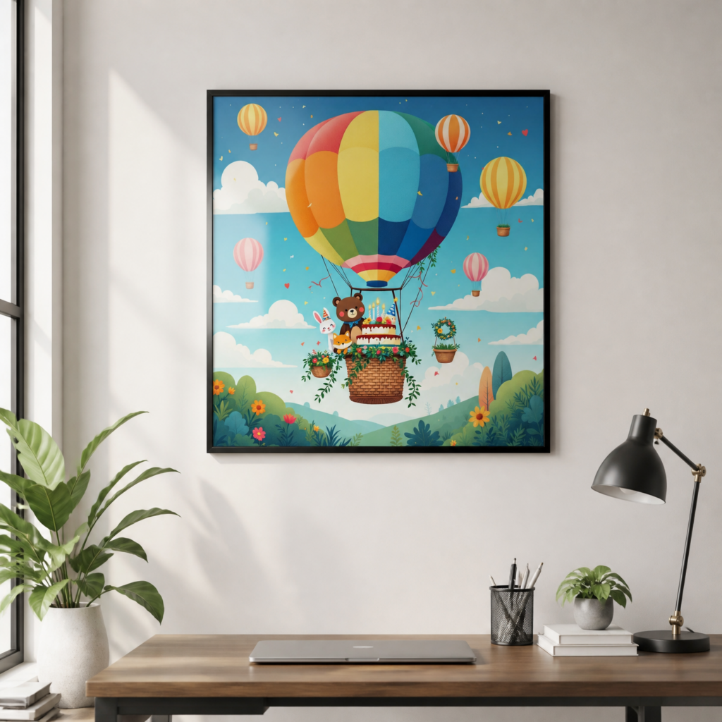 Cute Hot Air Balloon Animals Birthday Wall Art Print - Colorful Nursery Poster