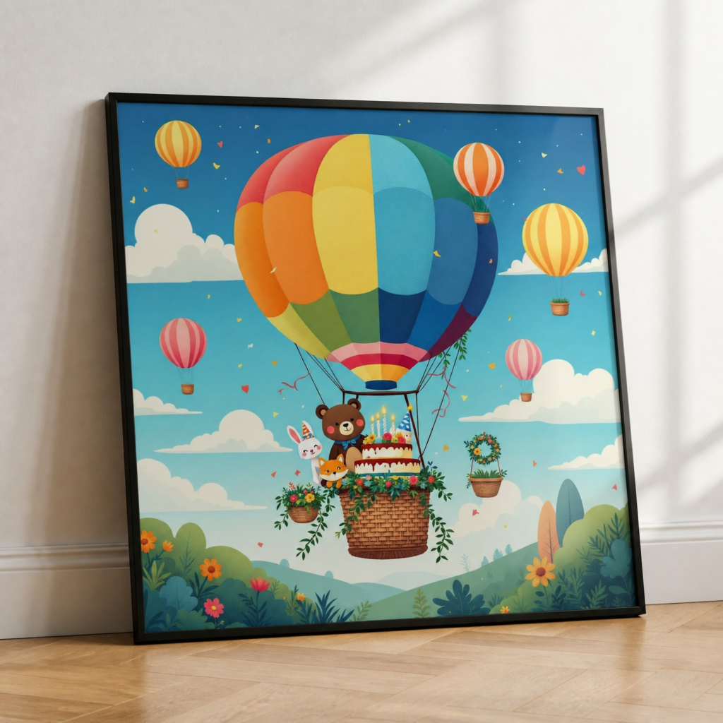 Cute Hot Air Balloon Animals Birthday Wall Art Print - Colorful Nursery Poster