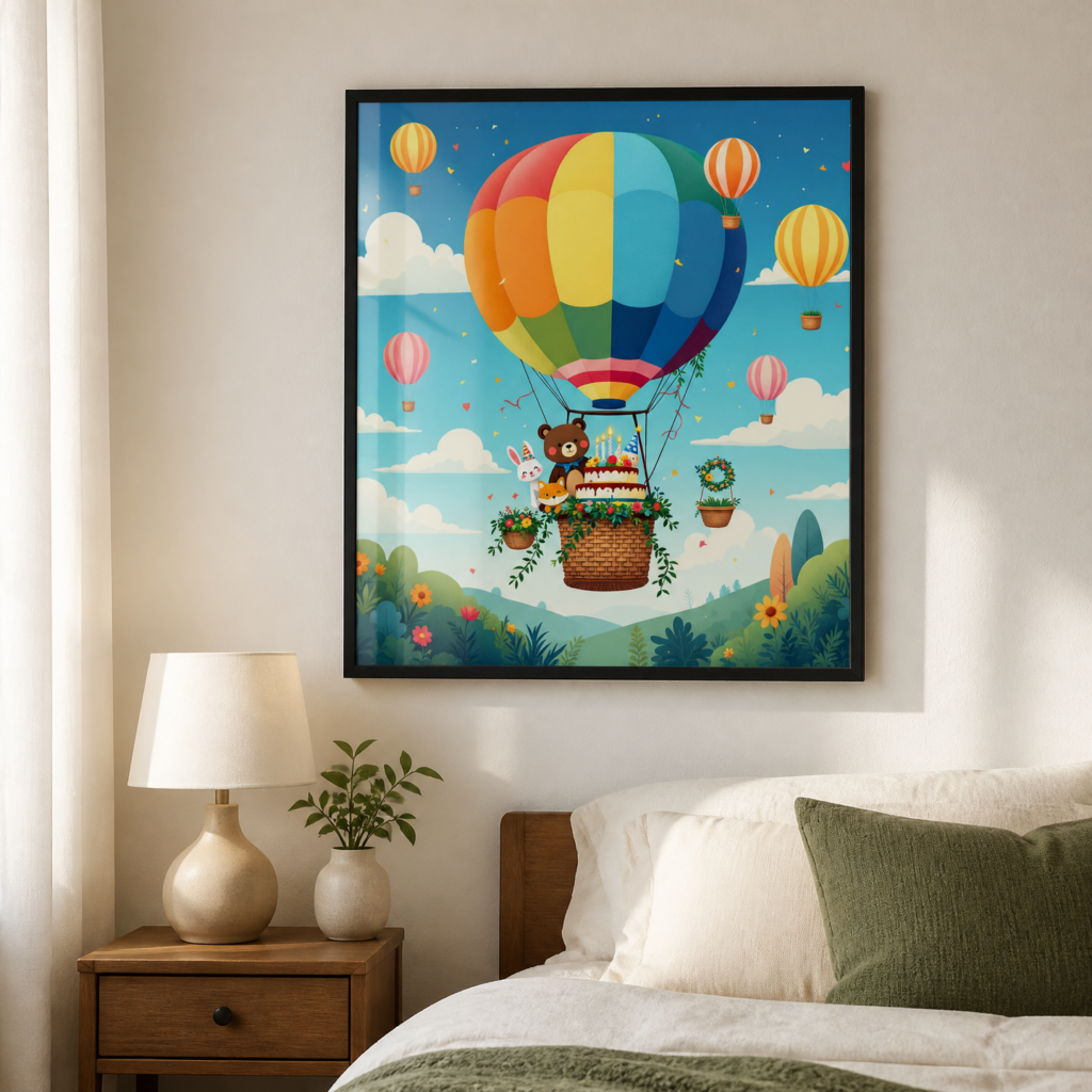 Cute Hot Air Balloon Animals Birthday Wall Art Print - Colorful Nursery Poster