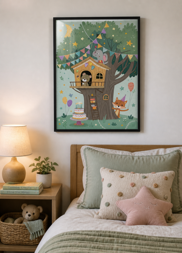 Treehouse Birthday Party Animals Nursery Wall Art Print - Whimsical Children's Illustration Poster